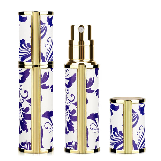 LUEXBOX Portable Perfume Bottle for Travel, Mini Refillable Perfume Dispenser, 5ml Faux Leather Leak Proof Perfume Atomizers, Blue and White Bottles Sprayer for Pocket Perfume (Blue flower)