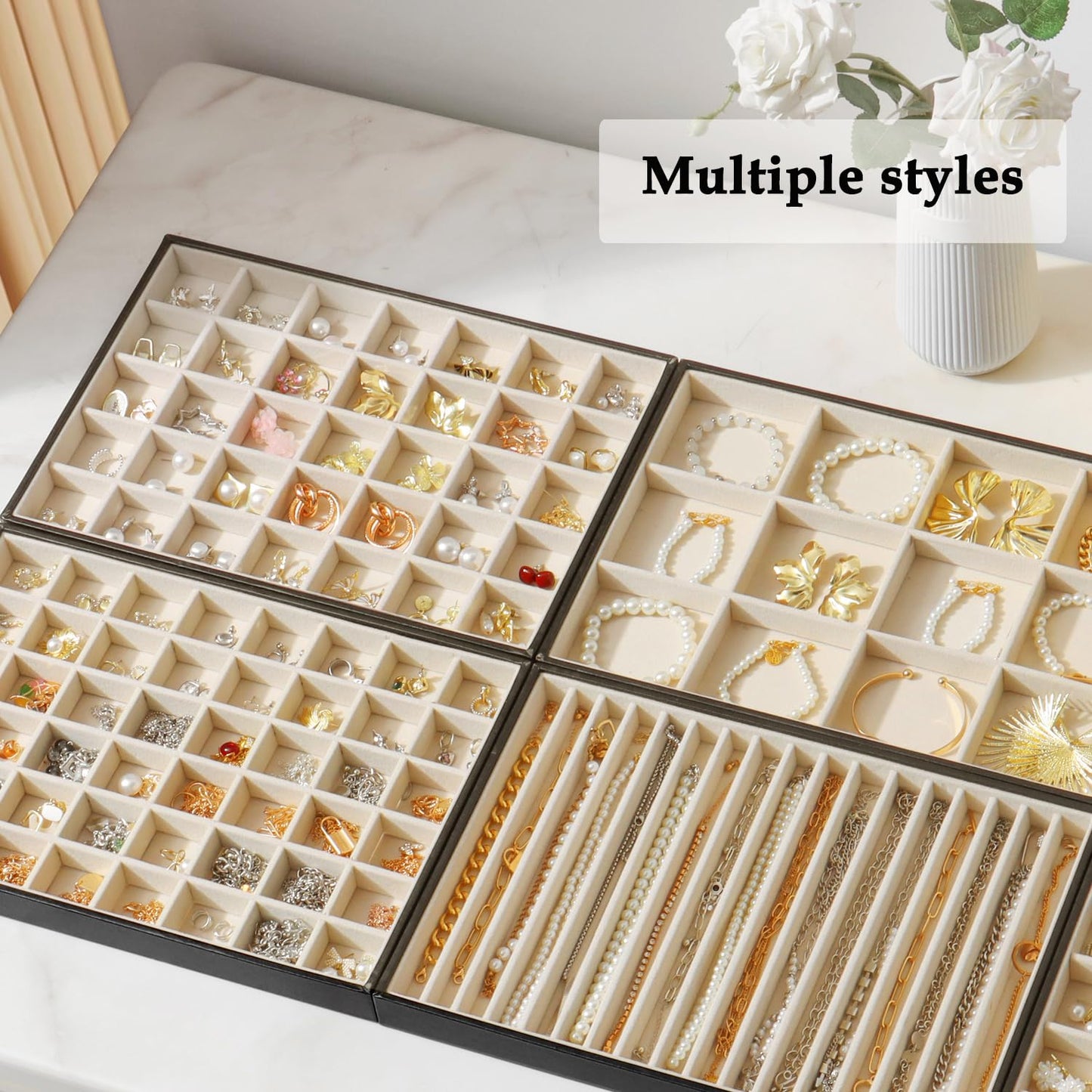 KATISYIO Large Jewelry Organizer Tray, Stackable Jewelry Storage Holder PU Leather Velvet Jewellery Display Case for Stud Earring Bracelet Necklace Ring (Black Beige, 16 Grids)