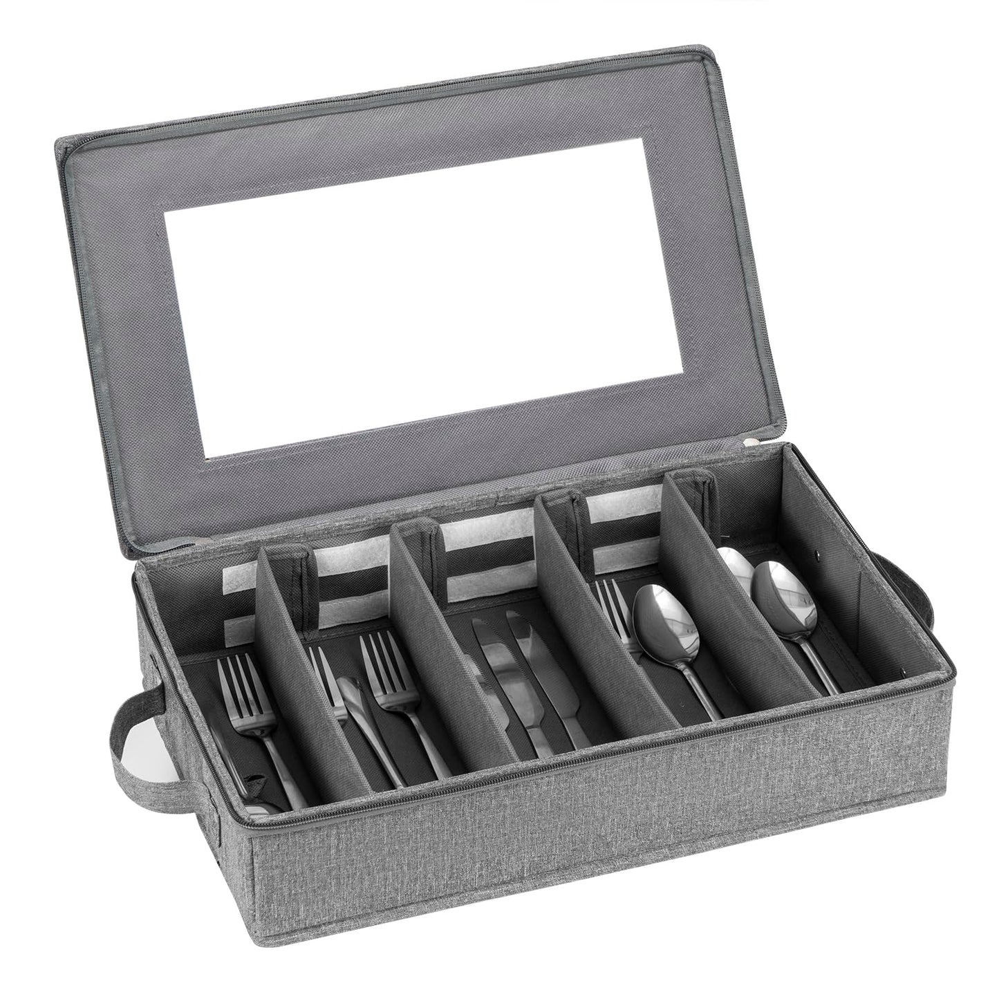 Lafulling Flatware Utensil Storage Case, Silverware Storage Box Chest with Adjustable Dividers, Cutlery Storage Holder with Zipper Lid for Organizing Cutlery, Flatware, Knives, Large Capacity Gray