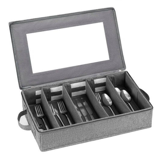 Lafulling Flatware Utensil Storage Case, Silverware Storage Box Chest with Adjustable Dividers, Cutlery Storage Holder with Zipper Lid for Organizing Cutlery, Flatware, Knives, Large Capacity Gray