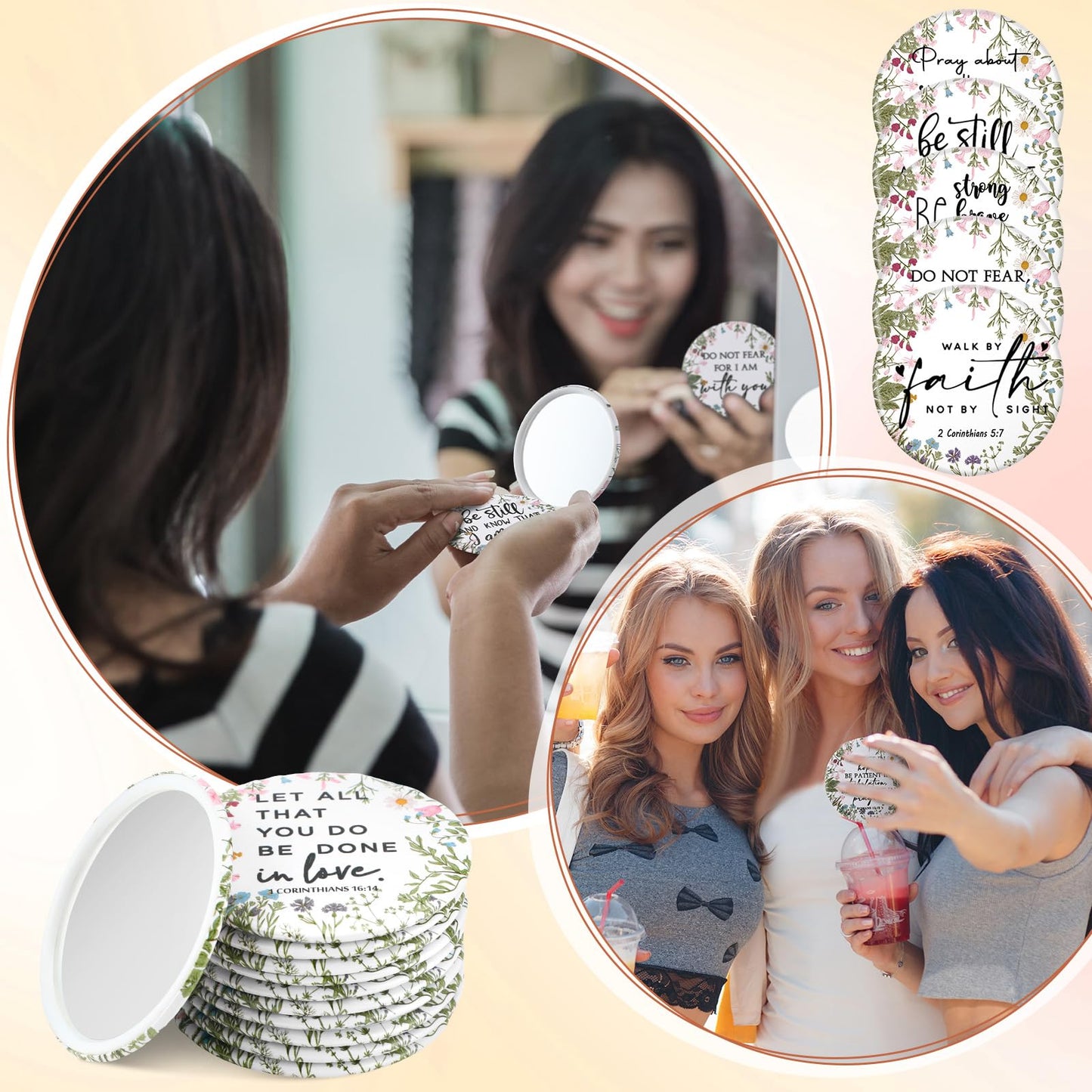 GlikCeil 40 Pcs Christian Compact Mirrors Bulk for Women Wildflower Inspirational Bible Verse Pocket Mini Purse Mirrors Christian Church Gift for Women VBS Church Party Favors