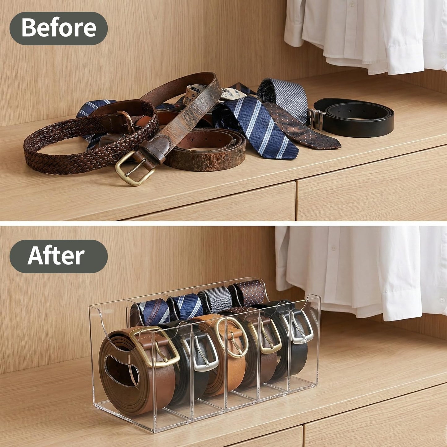 Sazunrel Acrylic Belt Organizer, Belt Holder Organizer 5 Compartments Clear Storage Holder for Closet & Drawer, Adjustable Display Case for Ties, Belts and Accessories