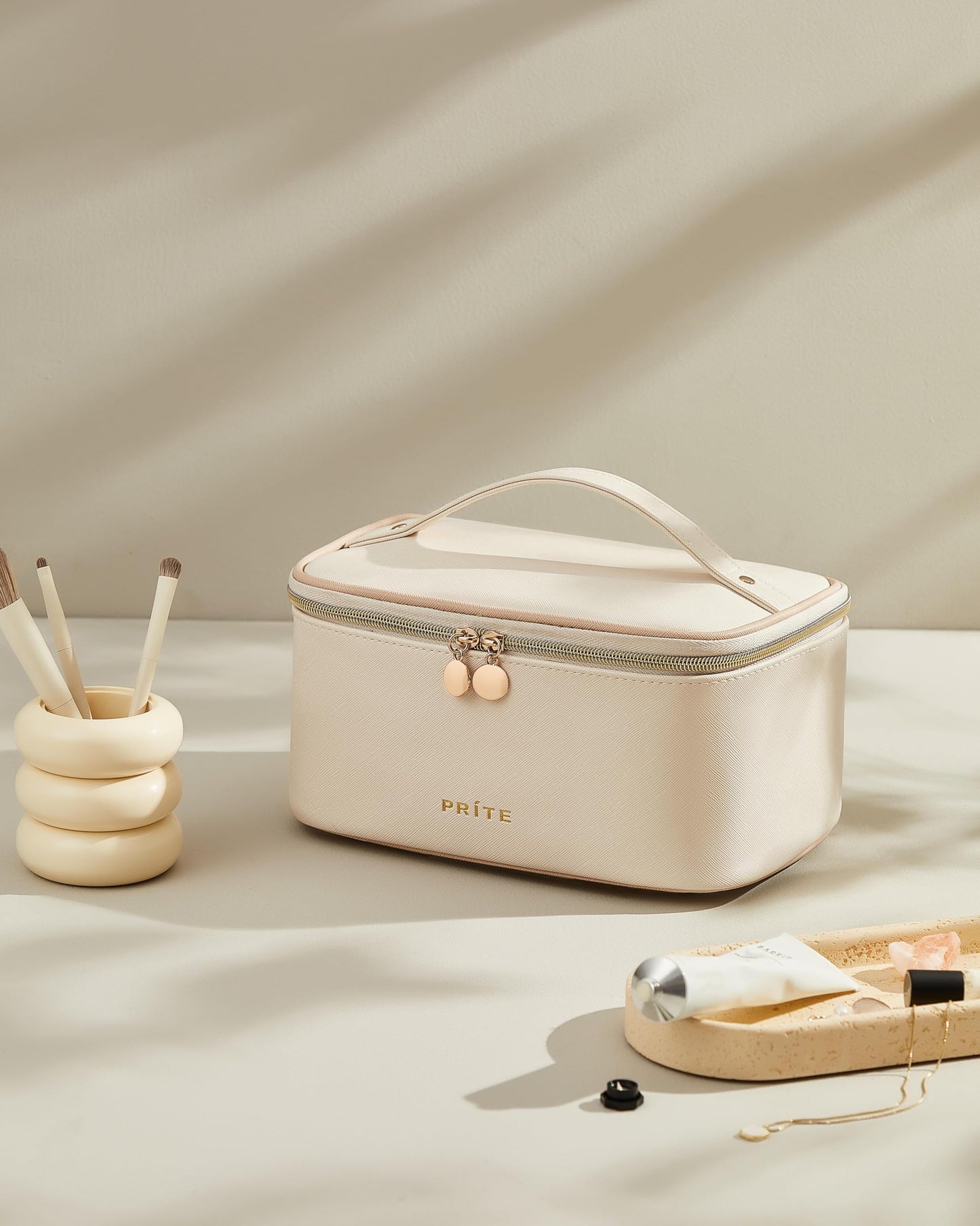 Prite Makeup Bag, Large Capacity Cosmetic Bag for Women and Girls, Waterproof PU Leather Travel Makeup Case, Toiletry Organizer with Handle and Divider for Skincare and Brushes - Beige