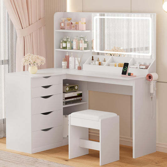 YESHOMY Vanity Desk with Lights and Mirror, L Shaped Makeup Table, with Hairdryer Holder and Fast Charging, Adjustable 3 Lighting Modes, 5 Drawers and Adjustabled Open Storage Shelves, White