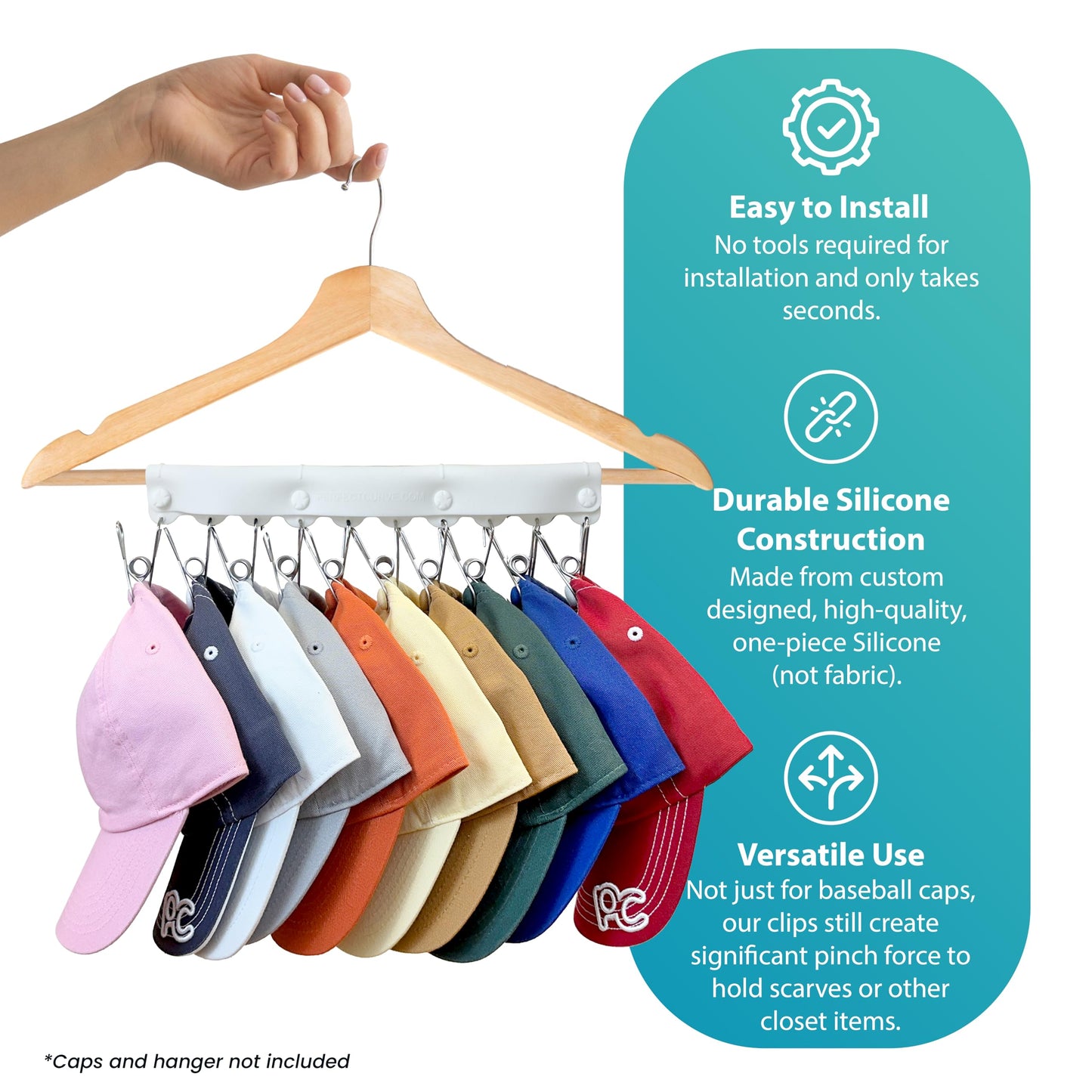 Perfect Curve Baseball Cap Hanger - Store 10 Caps with Button Clips, Silicone & Metal Construction, White, 1-Pack