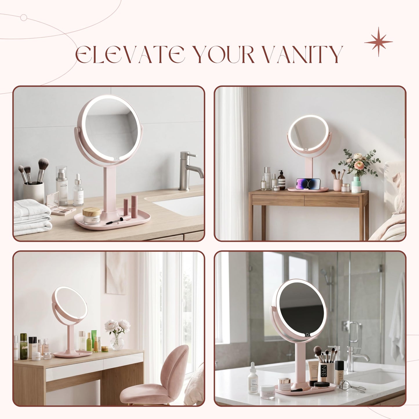 DYMOND Makeup Mirror with Lights, 1X/10X Double Sided Magnifying Mirror with Lights for Vanity Makeup Height Adjustable with Phone Holder Tray, Rechargeable with 3 Colors Dimmable, Pink