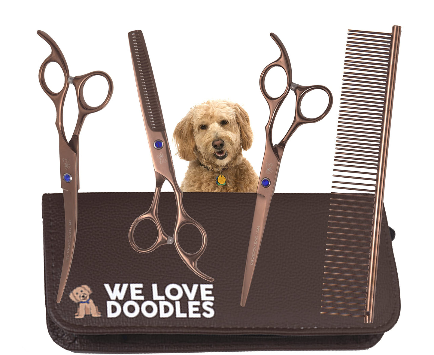 Dog Grooming Scissors Kit - Best Tools for Goldendoodles & Poodles - Straight, Curved & Thinning Shears - Professional Grade Stainless Steel, 4 Pc Set [We Love Doodles]