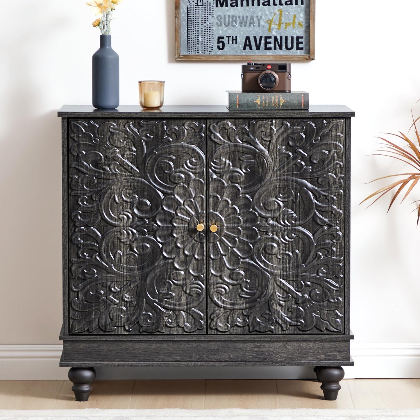 weselon Accent Cabinet Set of 2, Classic Carved Buffet Cabinet Storage Sideboard with Adjustable Shelves, Entryway Table for Living Room (Antique Black-Brown)