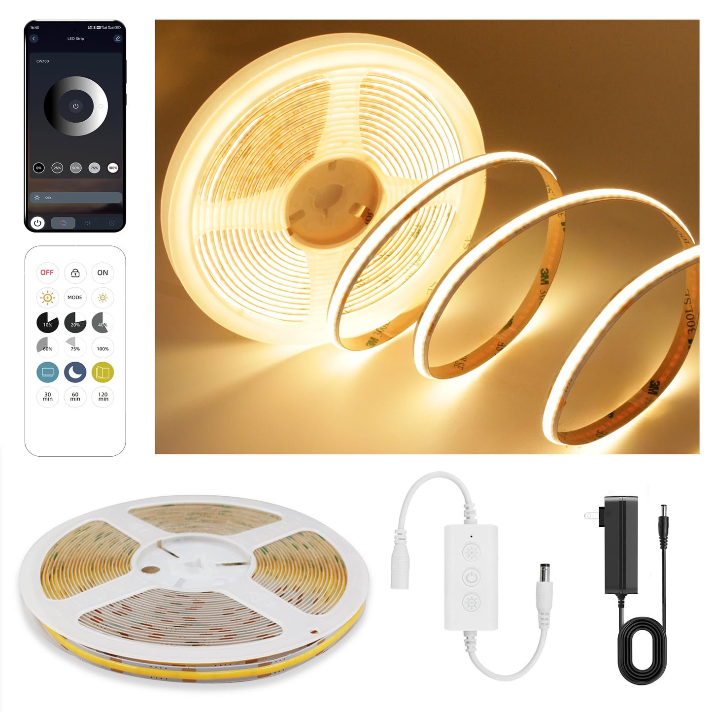 Pandery COB LED Strip Lights Warm White,24V Dimmable led Light Strip KIT with Remote and app Control,2700K 9.84FT/3m 8mm Wide Ra>90 Cuttable Flexible Strip Lights for Bedroom,Wardrobe,Cabinet