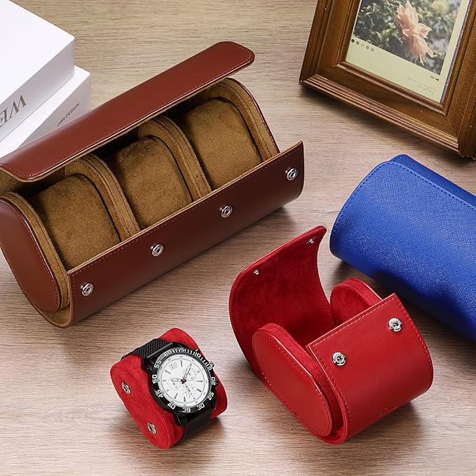 PATIKIL Watch Roll Travel Leather Case, Portable 3 Watch Roll Box with Pillow for Men Women Home Storage Display Gift Storaging Organizer, Red