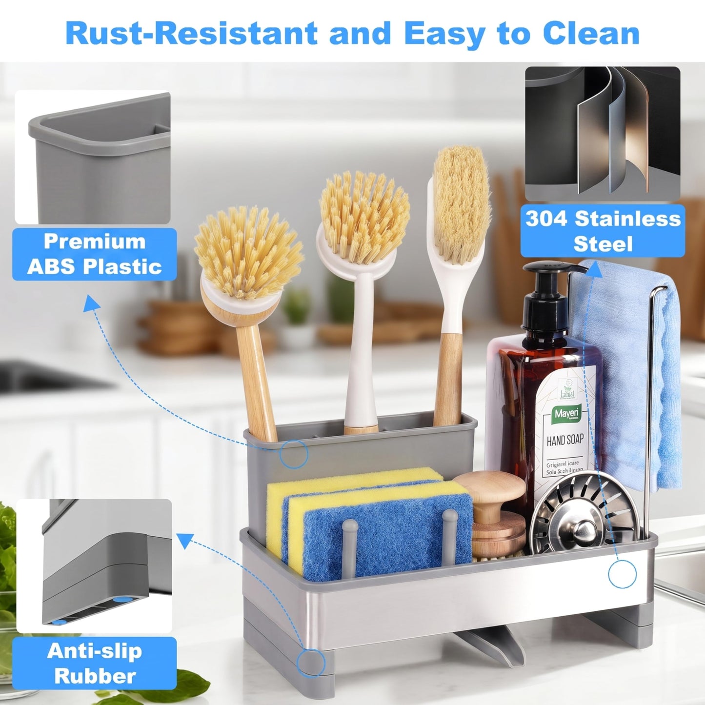 Ouletoy Kitchen Sink Caddy Organizer, Stainless Steel Sponge Holder, Kitchen Caddy Sink Organizer with Dish Brush Holder and Dishcloth Rack, Rustproof Dish Sponge Drying Rack for Countertop Storage