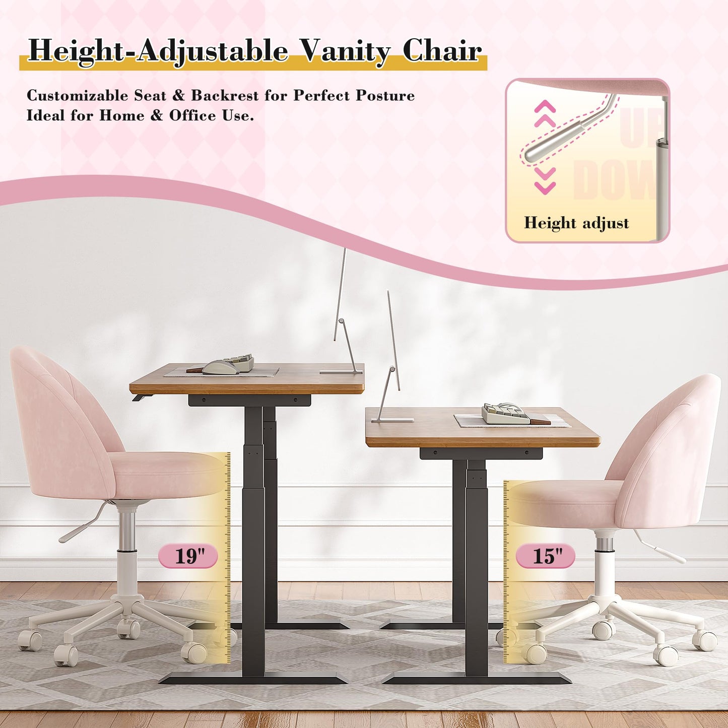 EnHomee Vanity Chair with Wheels, Pink Desk Chair with Back, Small Office Chair Armless for Makeup Room, Bedroom, Home Office