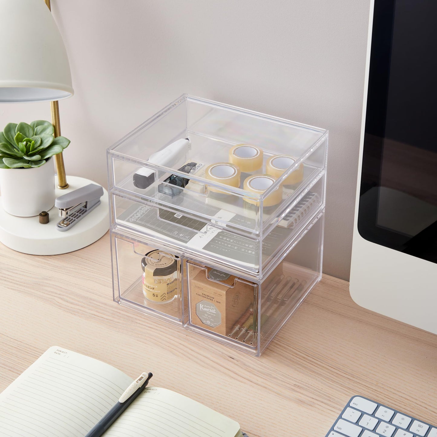 STORi Stackable Desk Organizer Drawers, Clear Pen Pencil Makeup Brush Holder for Desktops and Vanities, 4 Multi-size Drawers (Made in USA)