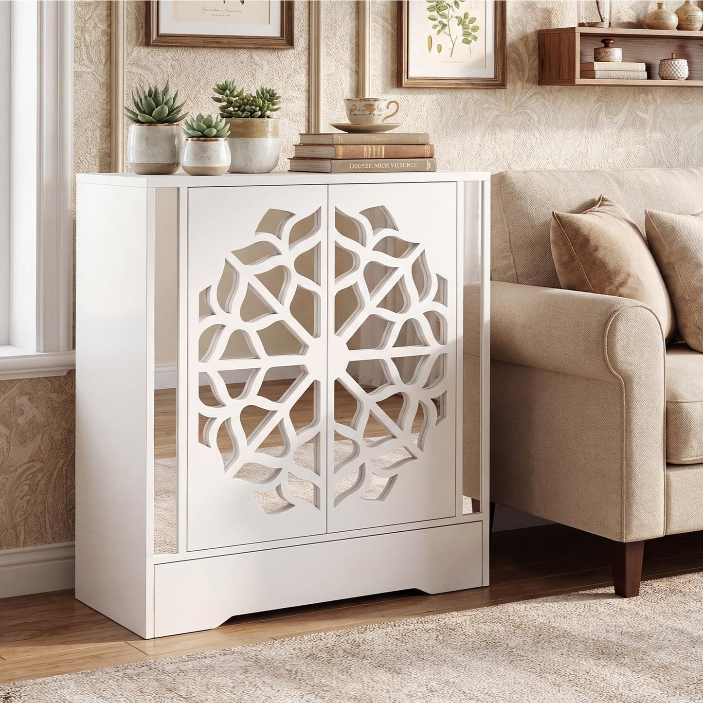 Giantex Shoe Cabinet with Drawer, 6-Tier Shoe Organizer Cabinet with Mirrored Doors, Removable Shelves & Floral Patterns, Shoe Storage Cabinet for Entryway, Hallway, Foyer, Living Room, White