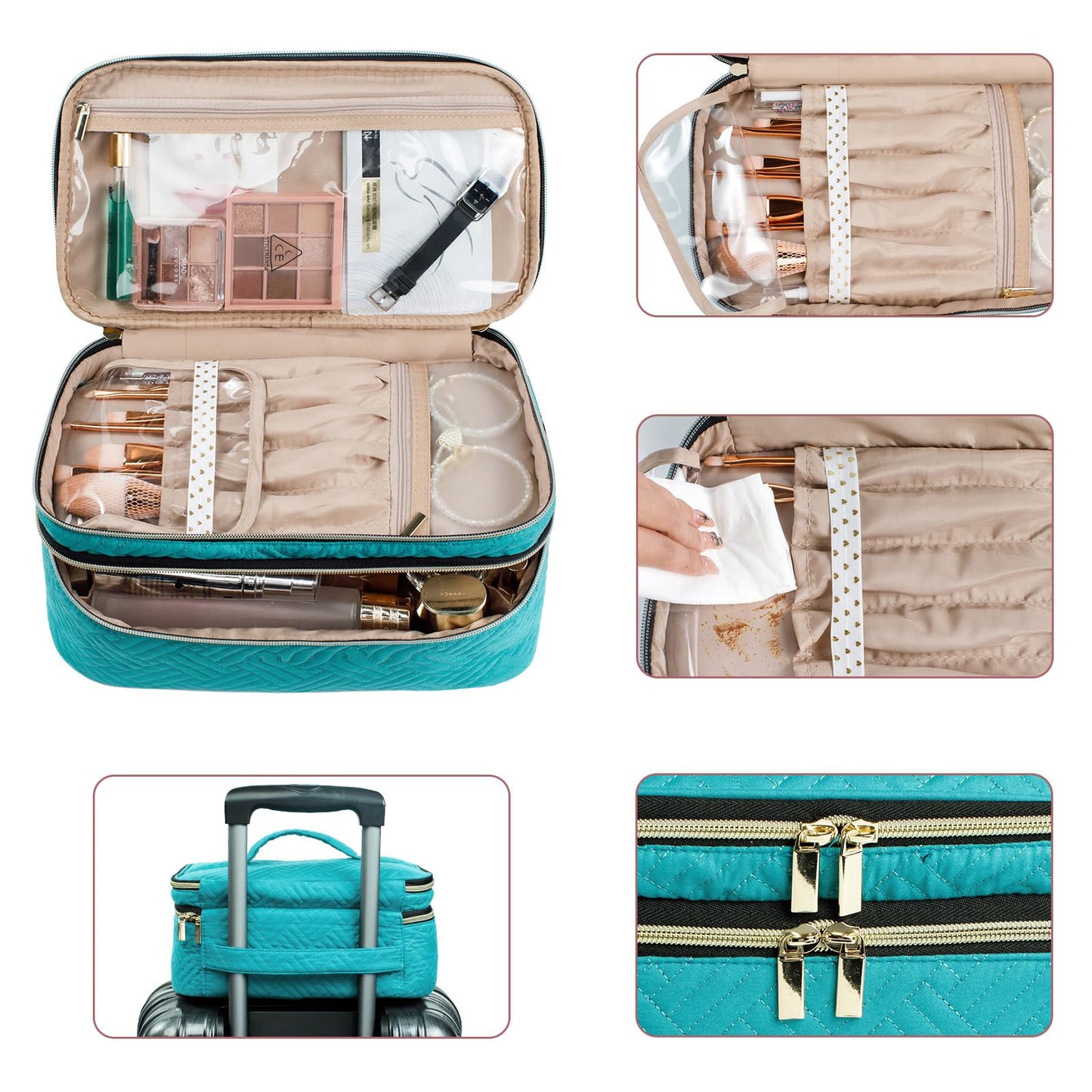 AMOIGEE Large Makeup Bag, Travel Makeup Bag Organizer, Double Layer Train Case Makeup Bag, Toiletry Bag for Makeup Brushes, Full Size Bottles, Palettes Sponge, Cosmetic Organizer