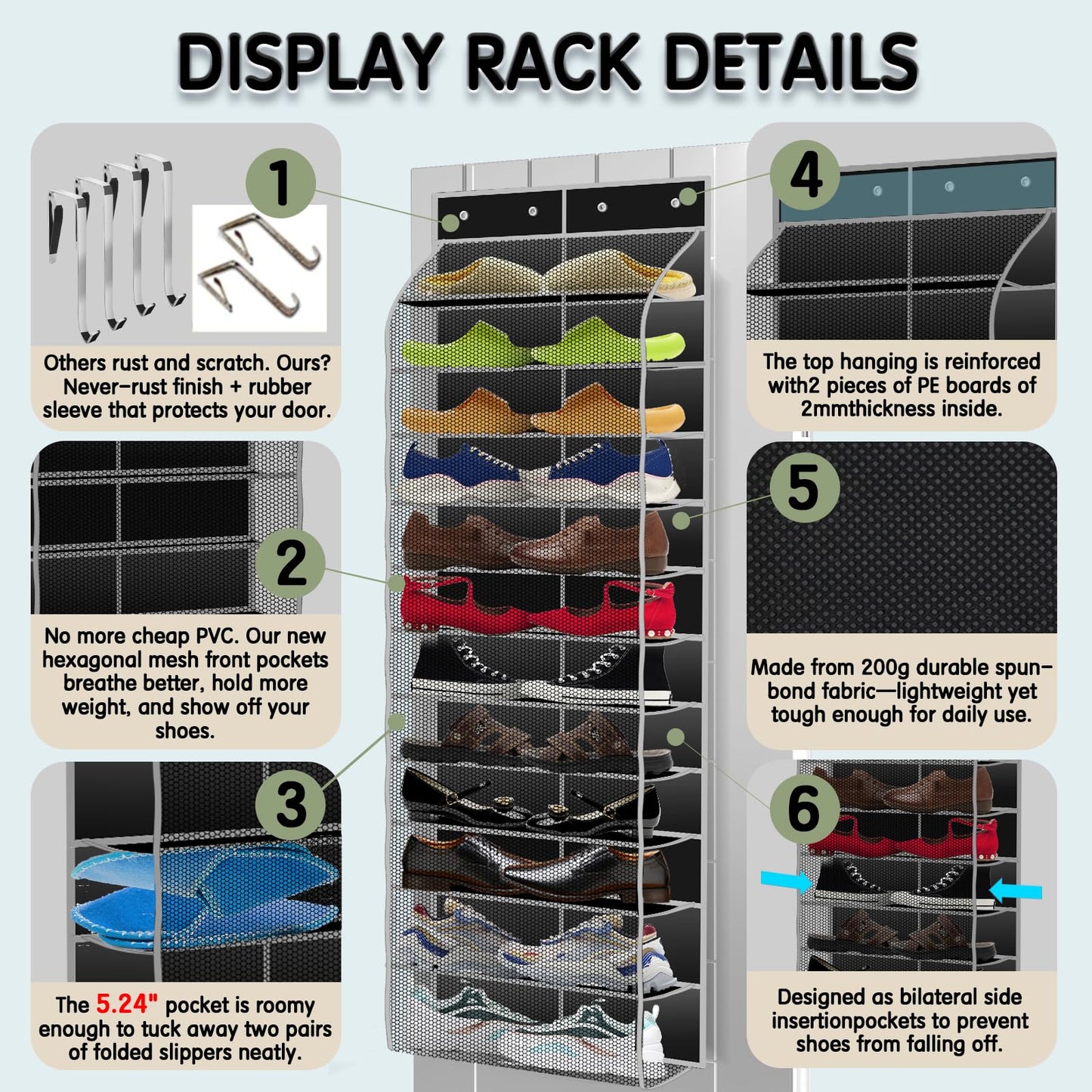 Kotkn Over The Door Shoe Organizer with 12 Large Breathable Pockets - Durable Hanging Storage for the Entire Family's Shoes (Black)