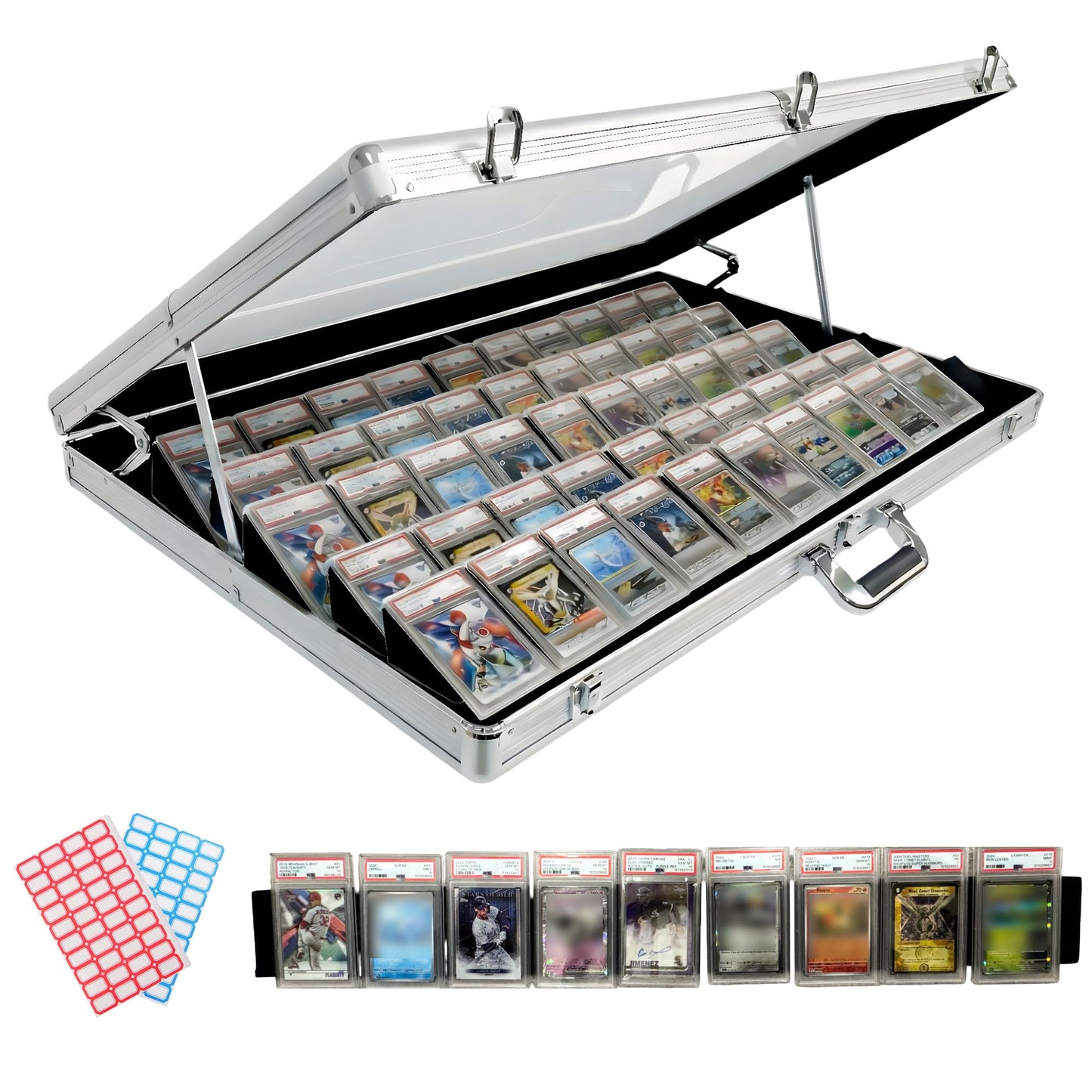 Professional Large Card Display Case (5 Card Riser Bars, Built-in Prop Rod and 80 Stickers) | 34 x 22 inches | Tabletop TradeShow Display Case for Sports Cards & Trading Cards | Aluminum Frame -Silver
