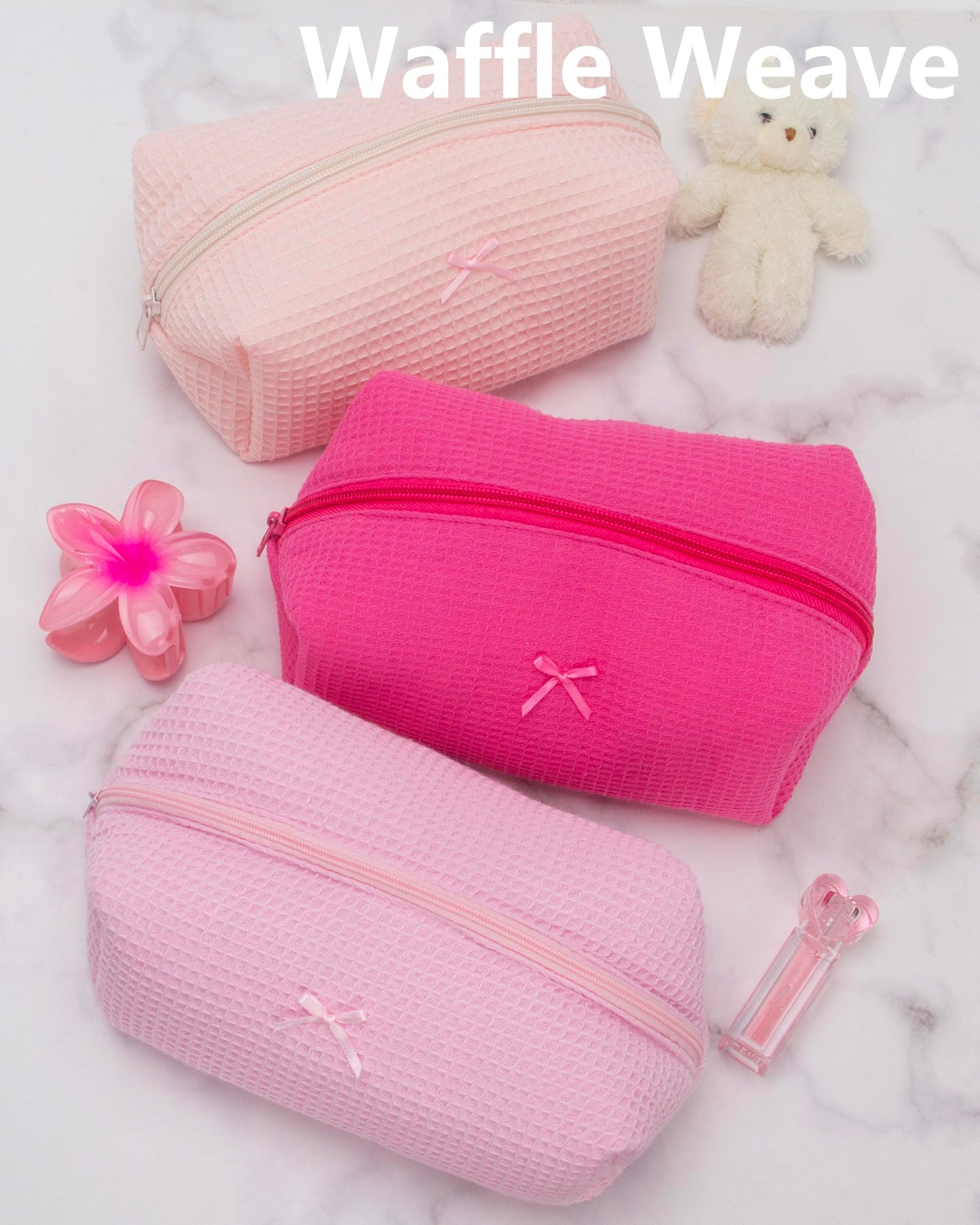 PAZIMIIK 6PCS Cozy Makeup Bag Travel Cosmetic Bag for Women Soft Toiletry Bag Aesthetic Makeup Organizer Portable Large Zipper Pouch for Skincare Beauty Accessories Brushes Waffle Hotpink