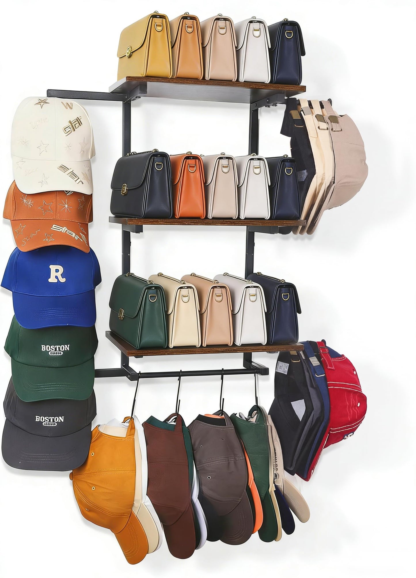 Keebofly Hat Rack for Wall with Shelf for Handbags, Purse,Bennies, Perfumes & Cosmetics Display, Hat Holder Storage for 100+ Caps, Baseball Cap Organizer & Beanie Holder for Closet, Entryway, Bedroom