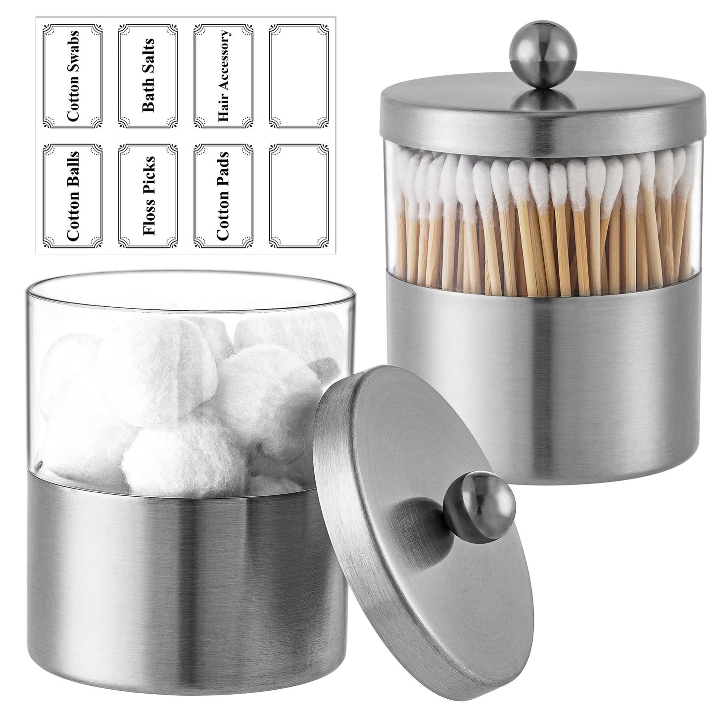 Gaussra Apothecary Jars, Qtip Holder - Brushed Stainless Steel Bathroom Jar with Stickers - Farmhouse Decor Qtip Dispenser for Qtips, Cotton Balls, Swabs, Makeup Sponges (2 Pack, Brushed Nickel)