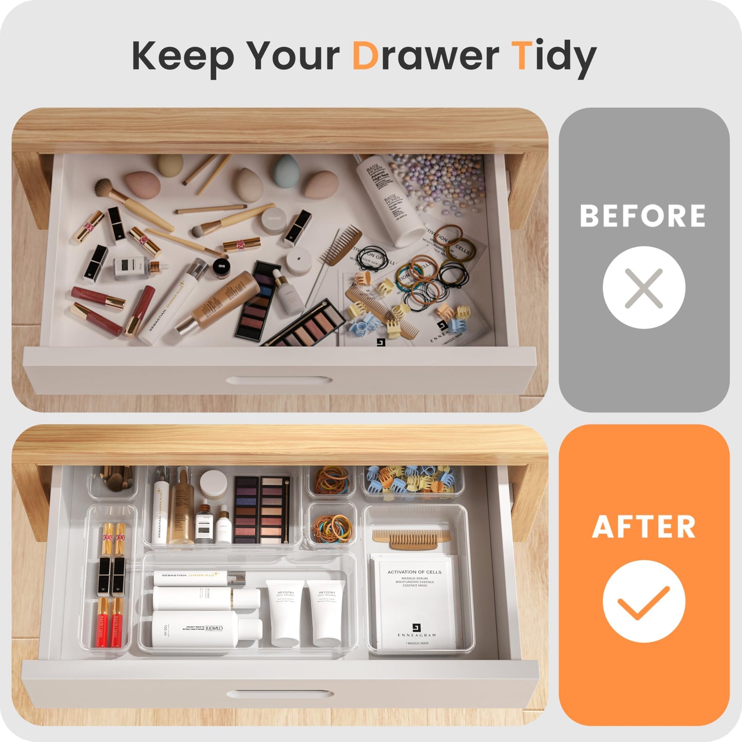 【Military Grade】A-LuGei Drawer Organizer, 【𝟱𝗦𝗶𝘇𝗲】 Makeup organizer, 【Holds 177 Items】 Bathroom Organizers and Storage, Organization and Storage, Desk Drawer Organizer for Vanity (Clear)