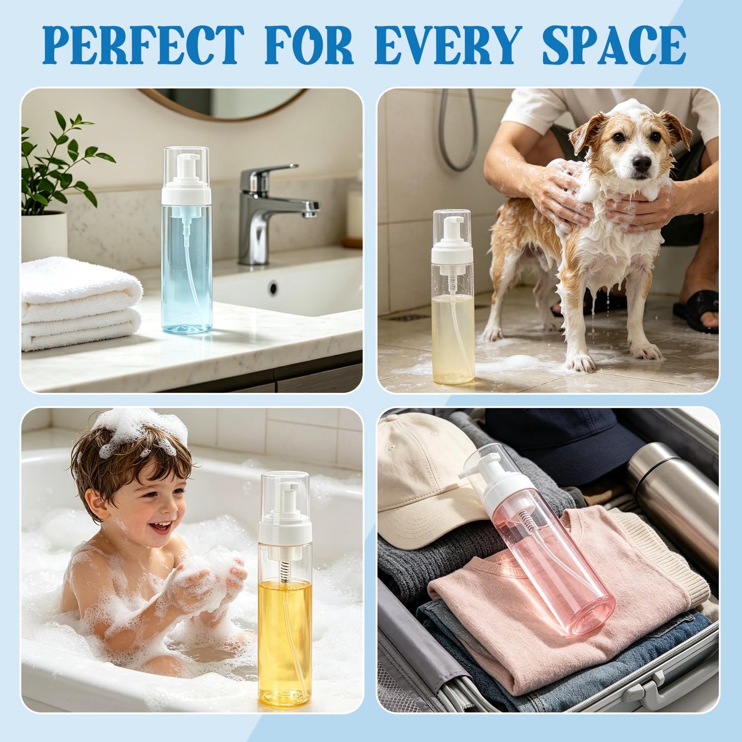 Foam Pump Bottle 8.5oz/250ml Clear Empty Foam Bottle Pump, Travel Foam Bottles for Soap, Shampoo, Cleaning Foam Dispenser Bottle Refillable (4 Pack)