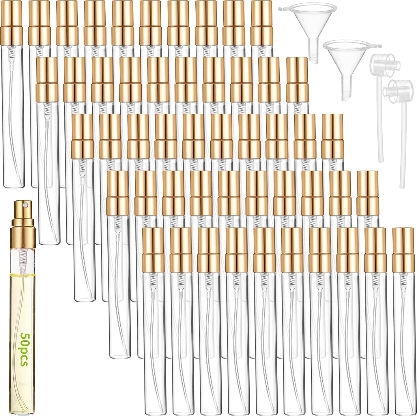 AOZUO 50 Pcs 10ml/0.34oz Mini Perfume Bottles Set Includes 2 Funnels and 2 Dispensers, Refillable Glass Spray Bottles Portable Travel Empty Sample Containers Fine Mist Atomizers with Caps, Gold