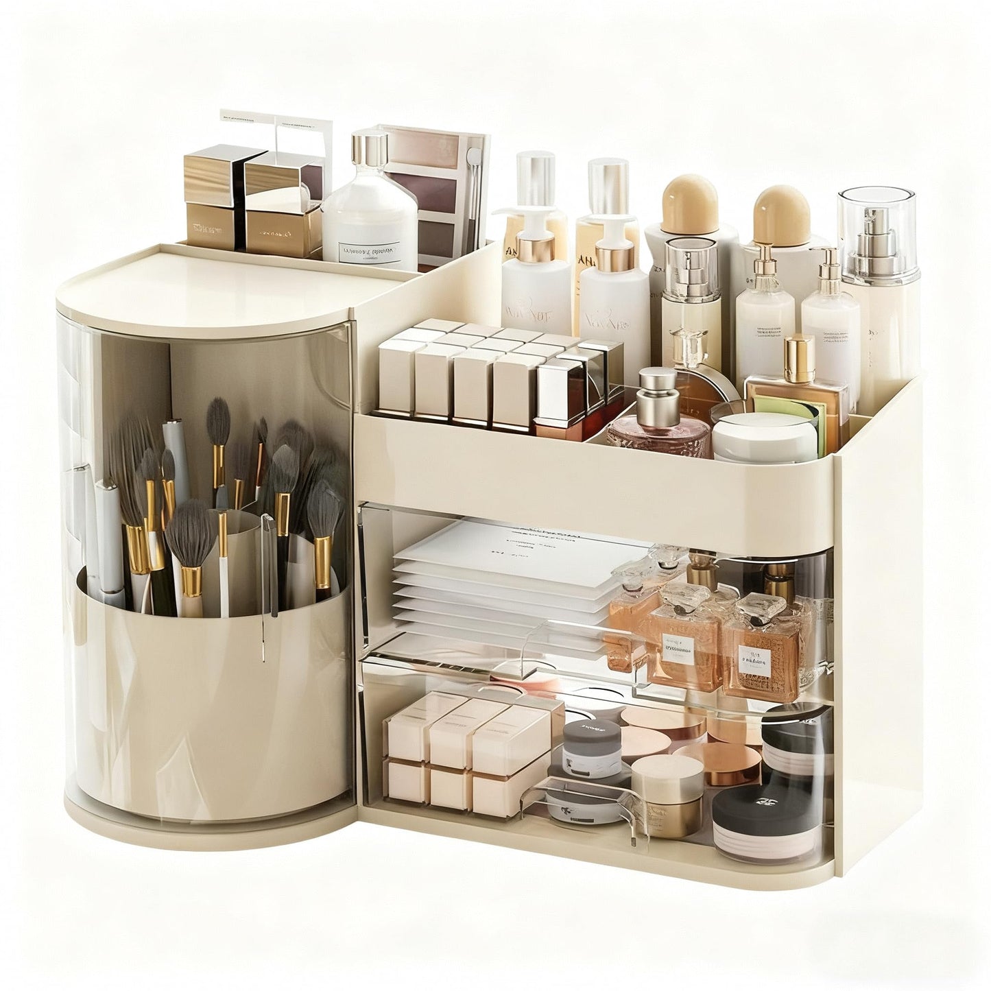 FYABREEK Makeup Organizer 14" D x 8.3" W x 9" H Cosmetic Organizer with Drawers Countertop Skincare Organizer for Vanity Cosmetic Display Case Storage Rotating Brush Holder (Cream)