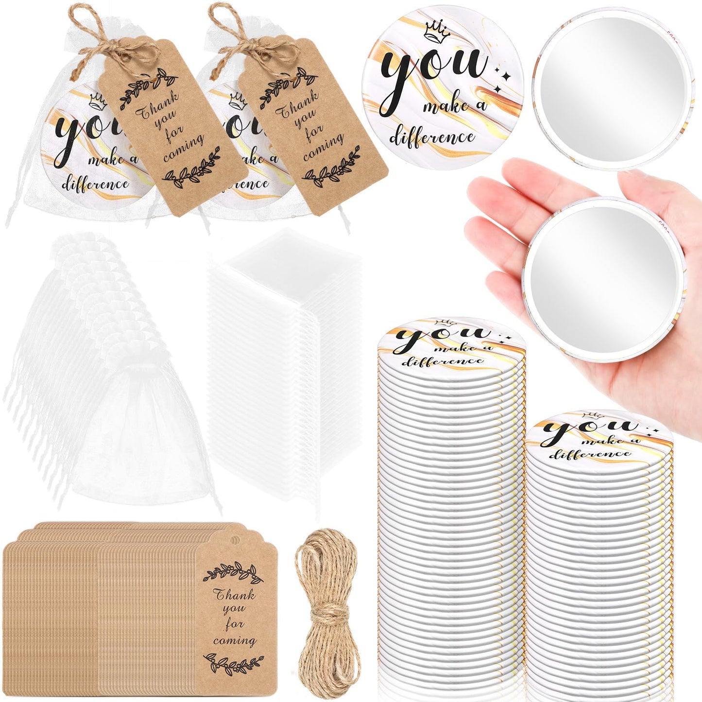 Tradder 50 Sets Compact Mirrors Bulk Women Appreciation Thank You Small Purse Pocket Bag Stuffer Item Makeup Mini Mirror for Retirement Gift Employee Coworker Souvenir(White Gold)