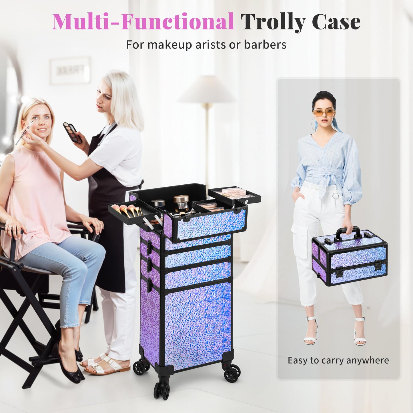 JINGUAN Profesional Rolling Makeup Train Case with Lid, 5 in 1 Cosmetology Case on Wheels, Large Cosmetic Trolley Organizer Travel for Hairstylist Artist Nail Beauty Salon Barber, Gravel Purple