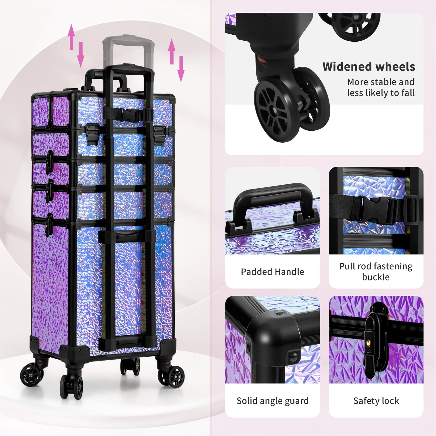 JINGUAN Profesional Rolling Makeup Train Case with Lid, 5 in 1 Cosmetology Case on Wheels, Large Cosmetic Trolley Organizer Travel for Hairstylist Artist Nail Beauty Salon Barber, Gravel Purple