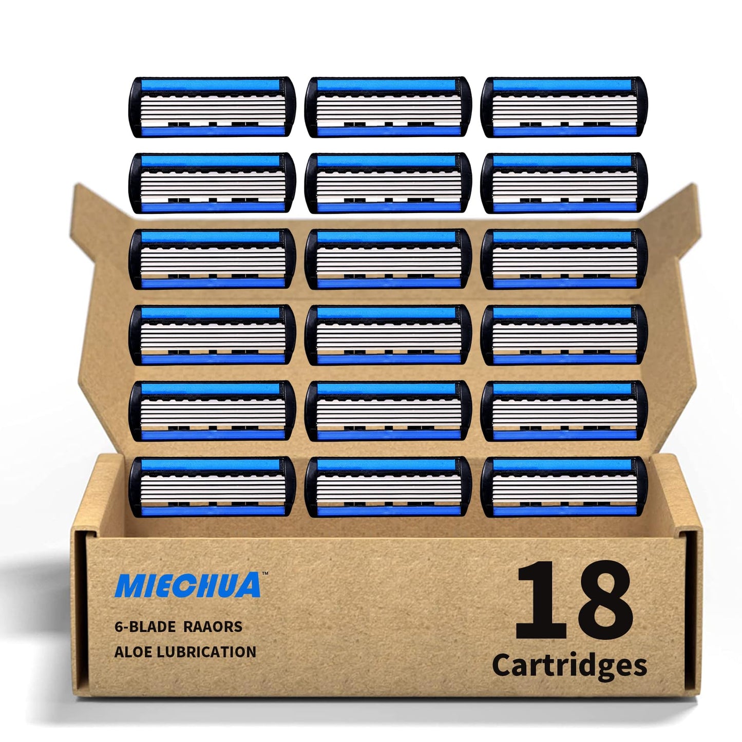 Mens Razor 6 Blade Refills，6 Blade Razor Cartridges with Lubricating Strip,Delivers a Clean, Close Shave,18 Count - blue