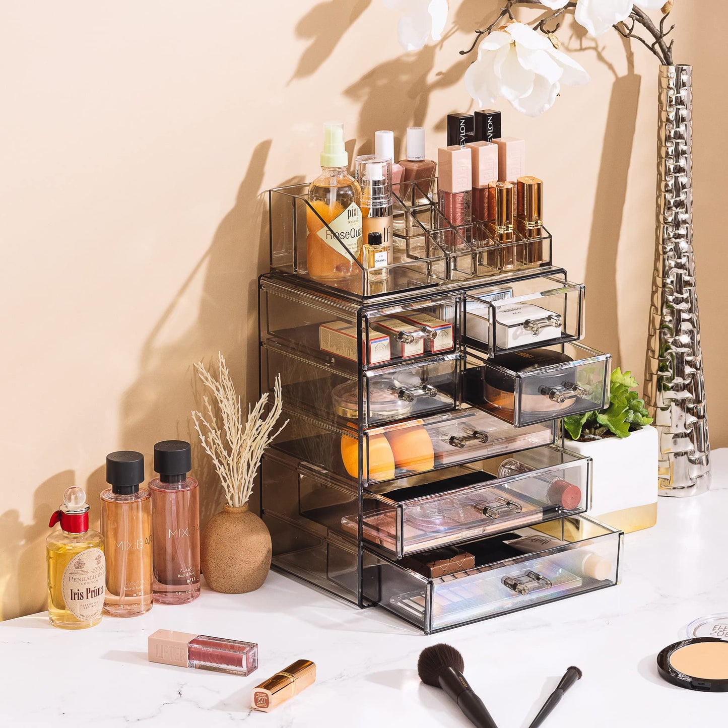 Sorbus Acrylic Makeup Organizer Set, 7-Drawer Vanity & Countertop Cosmetic Storage with Small & Wide Compartments, Black-Tint Makeup Storage for Brushes, Jewelry – Holiday Gift for Women & Teens