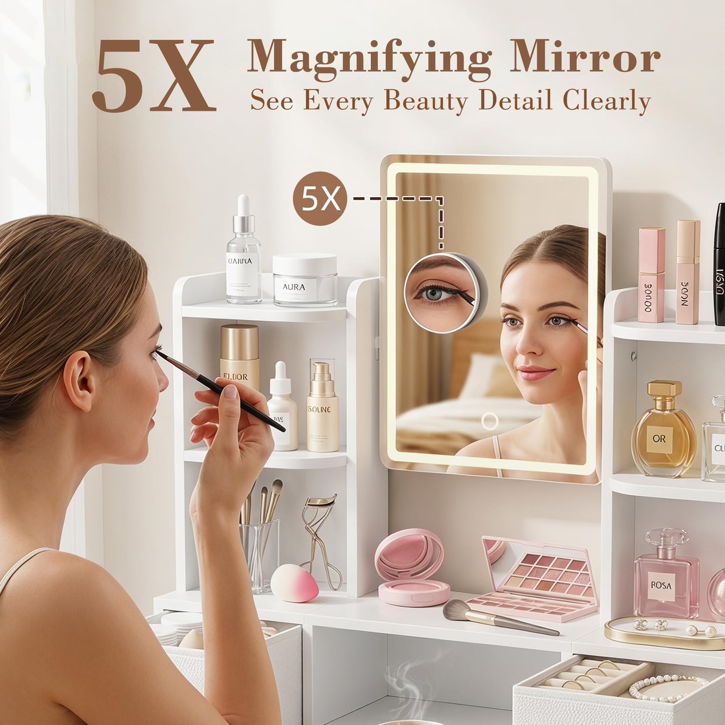 AFLUI Vanity Mirror with Lights, Makeup Mirror with Drawers and Storage