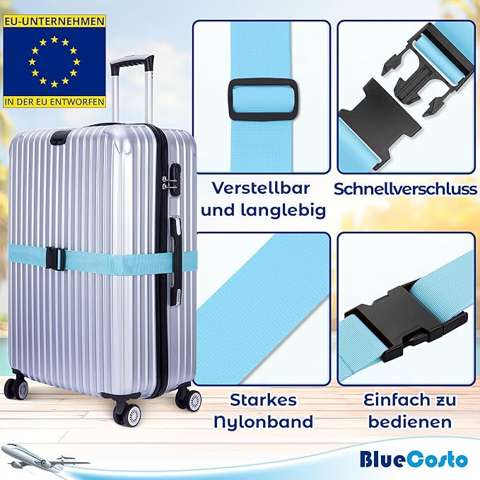 Luggage Straps for Suitcases - TSA Approved - Blue, 4 PK - Premium Nylon Belts for Suitcase, Briefcase & Travel Bag - Adjustable Strap Length 46" - 78"