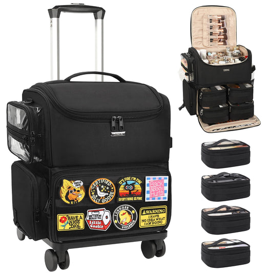 Relavel Rolling Makeup Train Case with 8 Pcs Hook and Loop Patches, Cosmetology Case on Wheels with 4 Clear Bags, Professional Makeup Artist Bags Cosmetic Organizer with 360° Spinner Wheels, Black