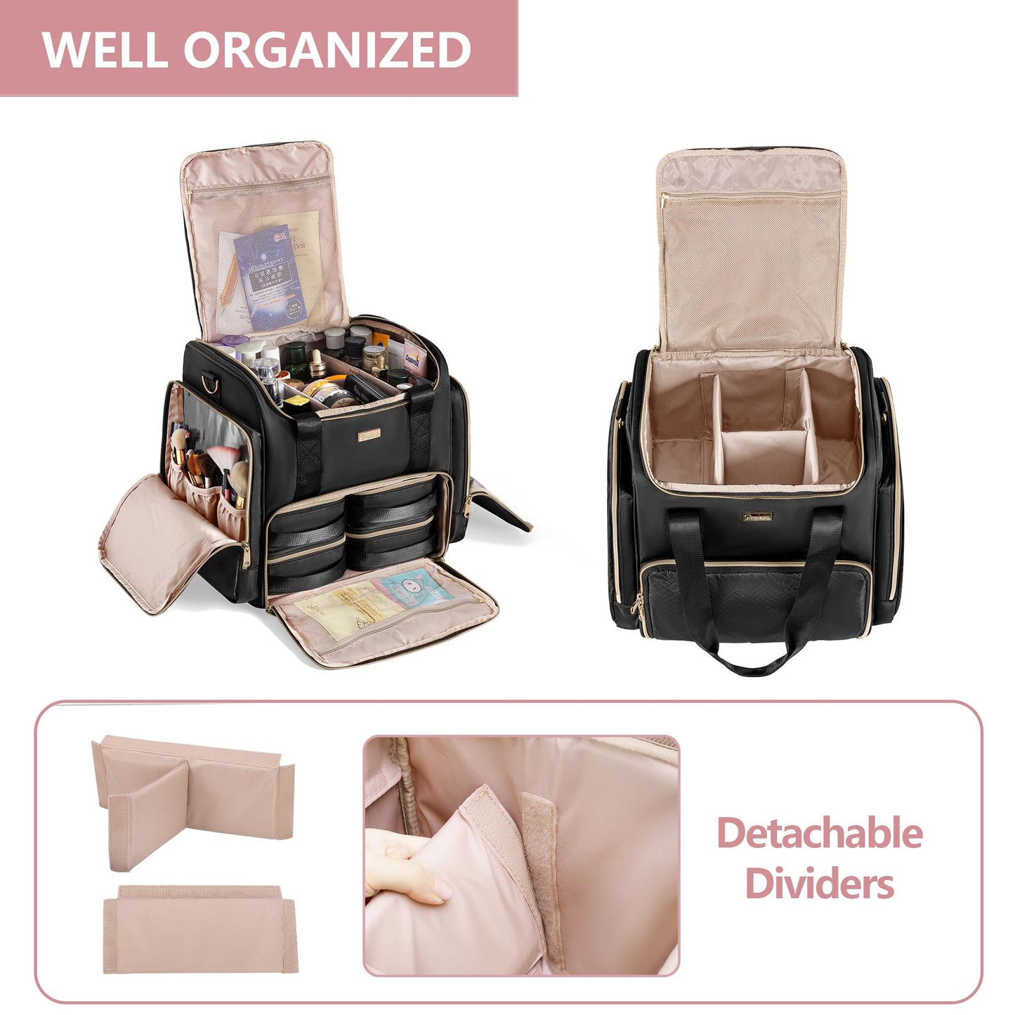 Prokva Rolling Makeup Case with 4 Removable Bags, Professional Makeup Train Case with Wheels, Makeup Artist Travel Bag with Brushes Storage Section, Black (Patent Design)