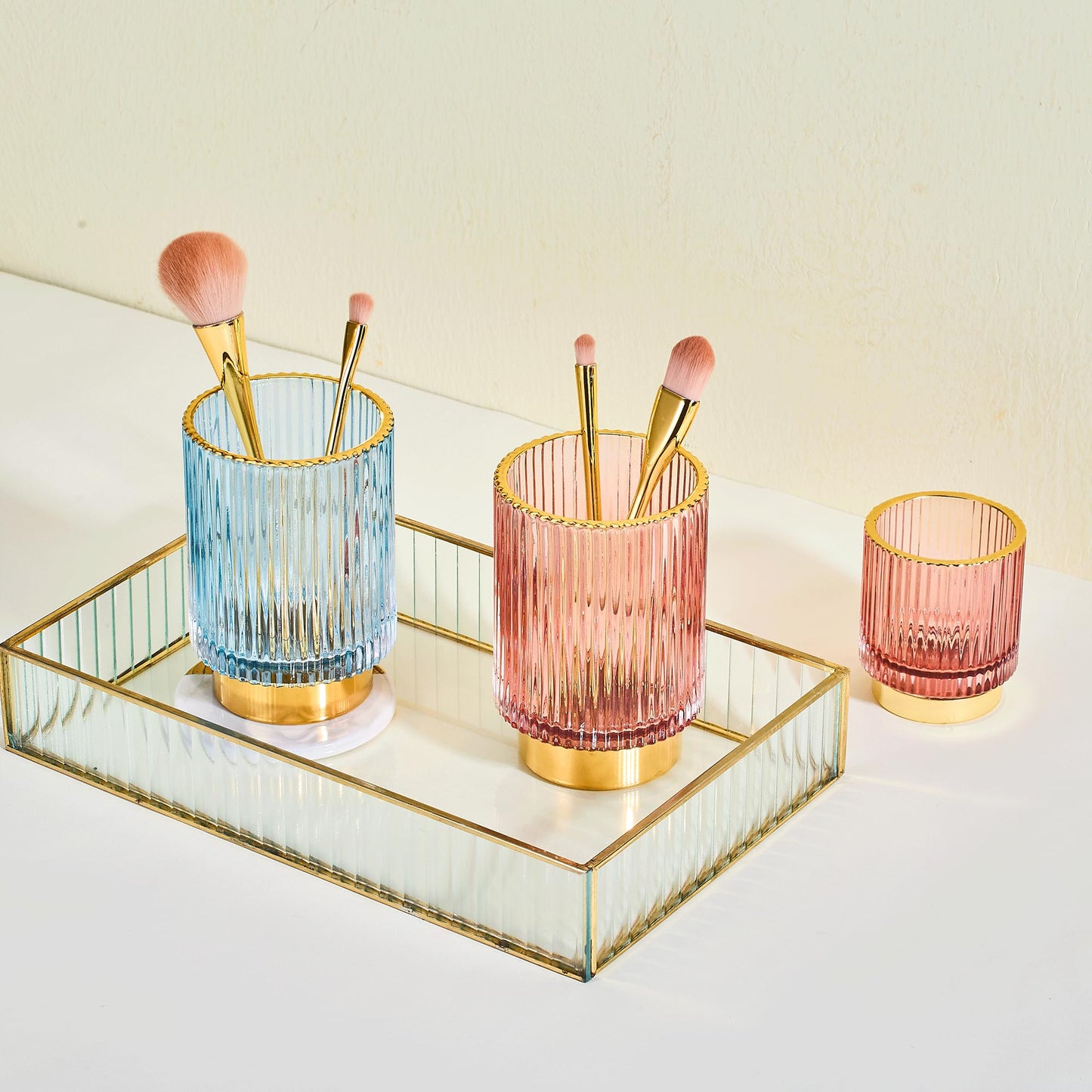 LEICURACE Makeup Brush Holder Organizer,Toothbrush Holders,Desk Pen Pencil Holder,Multifunctional Vintage Glass Brush Cup（L/Blue/A3-8-US）