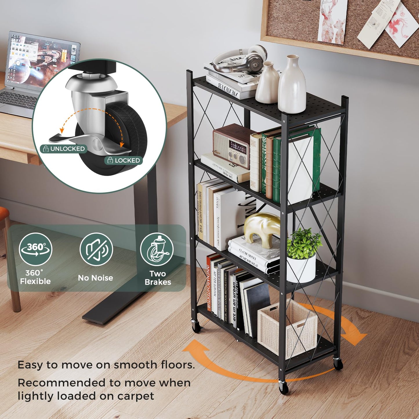 DEANIC 4 Tier Foldable Storage Shelves with Wheels, No Assembly Organizer Rack for Garage Kitchen, Basement, Pantry,Perfect for Craft Shows & Vendor Events(Black)