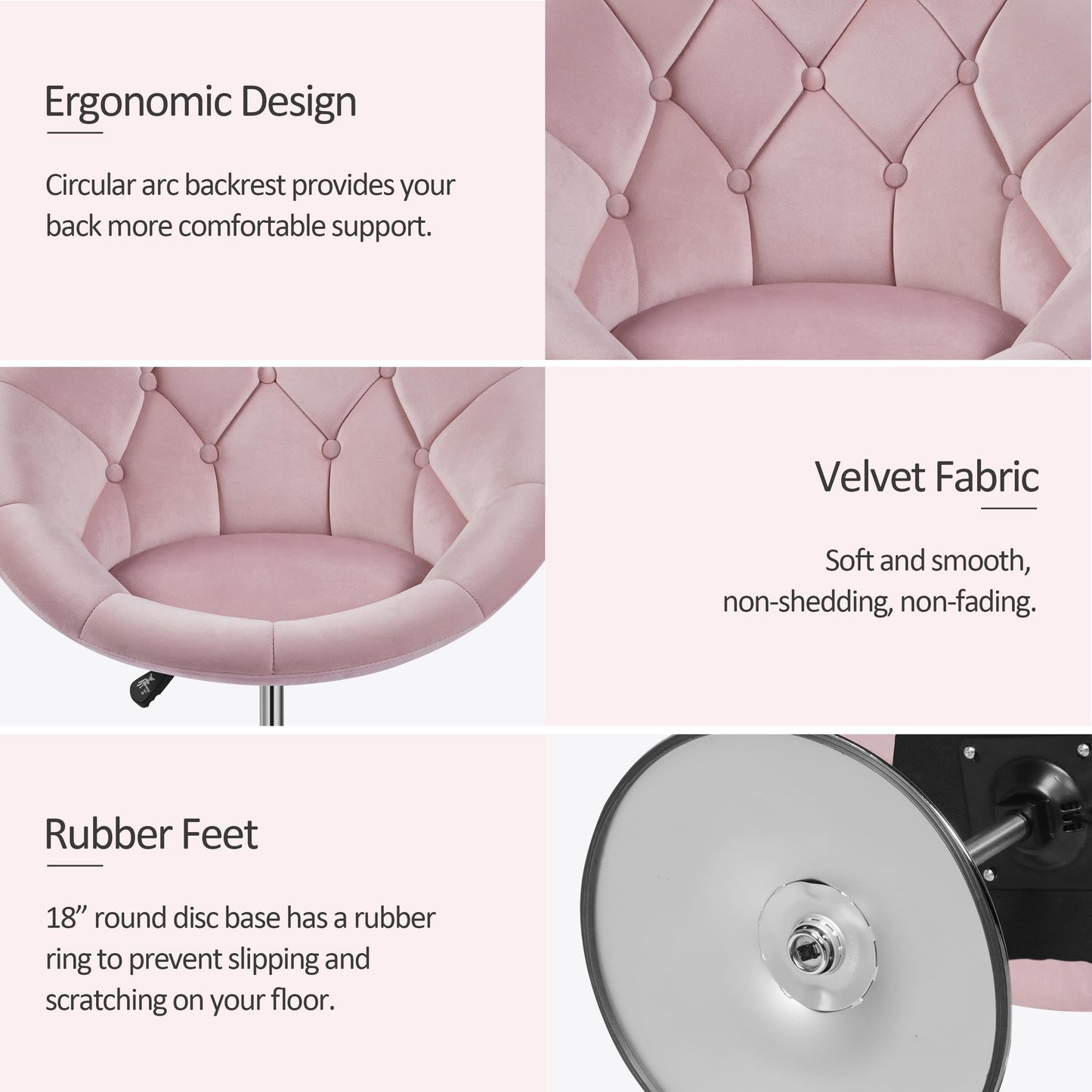 Yaheetech Pink Velvet Vanity Chair with Back, 360° Swivel & Adjustable Height, Tufted Makeup Desk Chair for Bedroom, Dressing Table & Living Room
