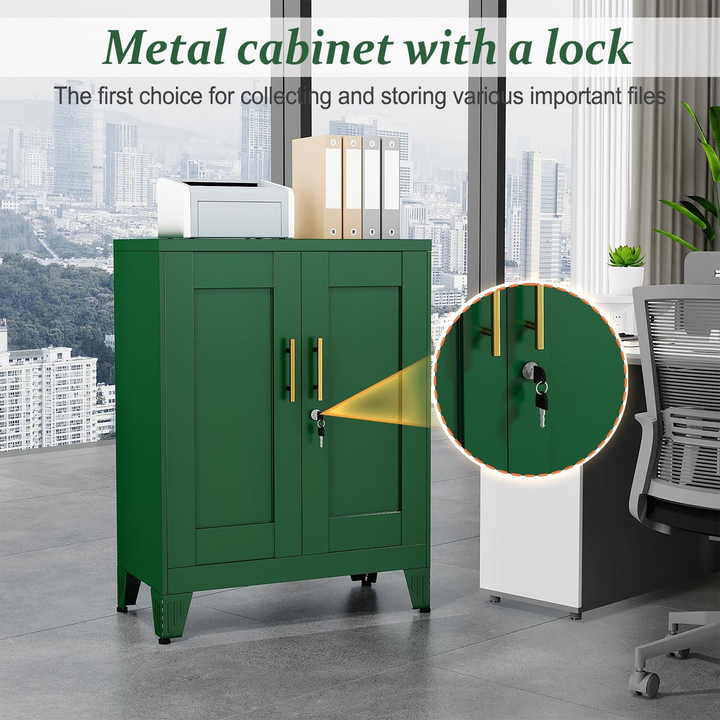 RISTERN Green Metal Storage Cabinet, 36" Tall Locking Storage Cabinet with 2 Adjustable Shelves, Steel Locker Organizer, for Office, Home, School