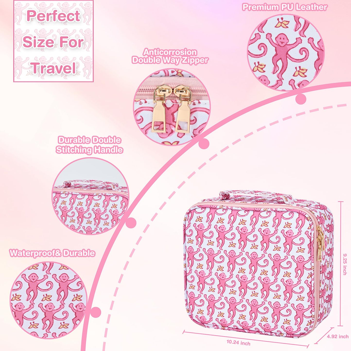 HMPEAIIY Travel Makeup Bag Organizer with LED Mirror, Portable Monkey Cosmetic Train Case with Adjustable Dividers, Brush Storage Board for Women Christmas Thanksgiving Valentine Birthday Gift (Pink)