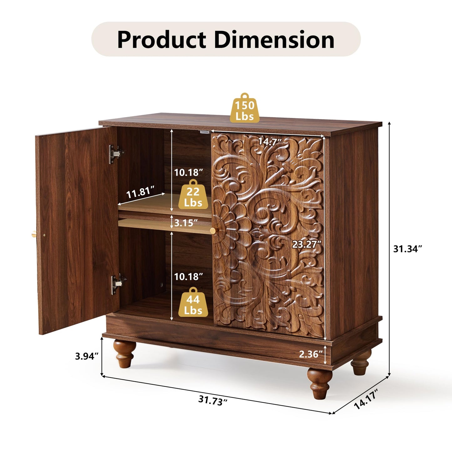 weselon Accent Cabinet Set of 2, Farmhouse Carved Storage Sideboard Buffet Cabinet with Adjustable Shelves, Entryway Storage Cabinet with 2 Doors (Walnut)