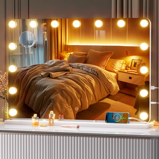 ouboyo 28" x20” Hollywood Vanity Mirror with Lights - Makeup Mirror with 14 LED Bulbs, 3 Color Modes, Touch Control, USB/Type-C Charging, Wall Mount or Tabletop