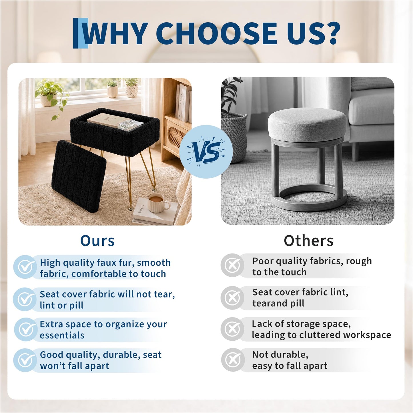 Garvee Vanity Stool with Storage, Faux Fur Ottoman with Metal Legs and Anti-Slip Feet, 15.7 x 11.8 x 18.7 Inches Soft Furry Padded Seat Foot Rest for Makeup Bedroom Living Room