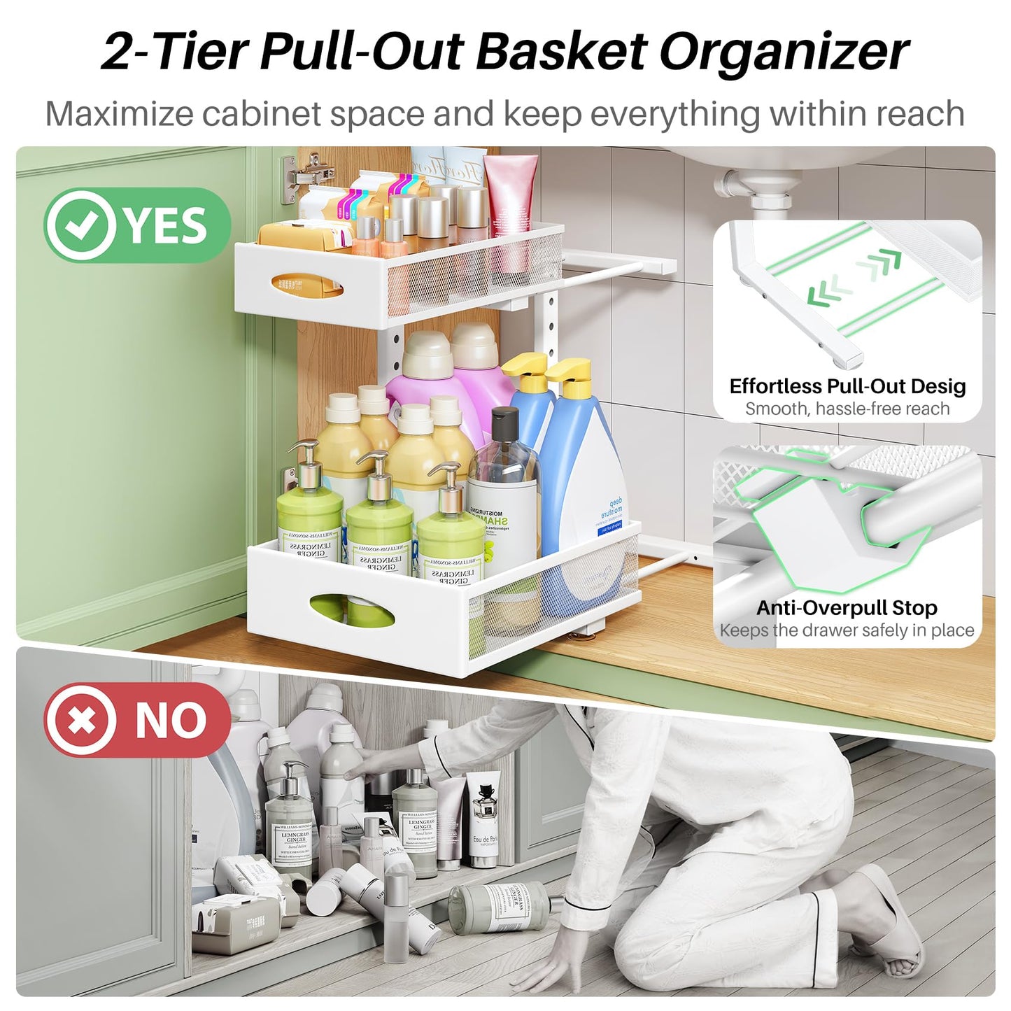 Under Sink Organizer, 2-Pack Pull Out Cabinet Organizer 2 Tier Metal Slide Out Storage Shelf Rack, L-Shaped Adjustable Height,Mesh Sliding Drawer for Kitchen, Bathroom, Laundry, Pantry, White, XL