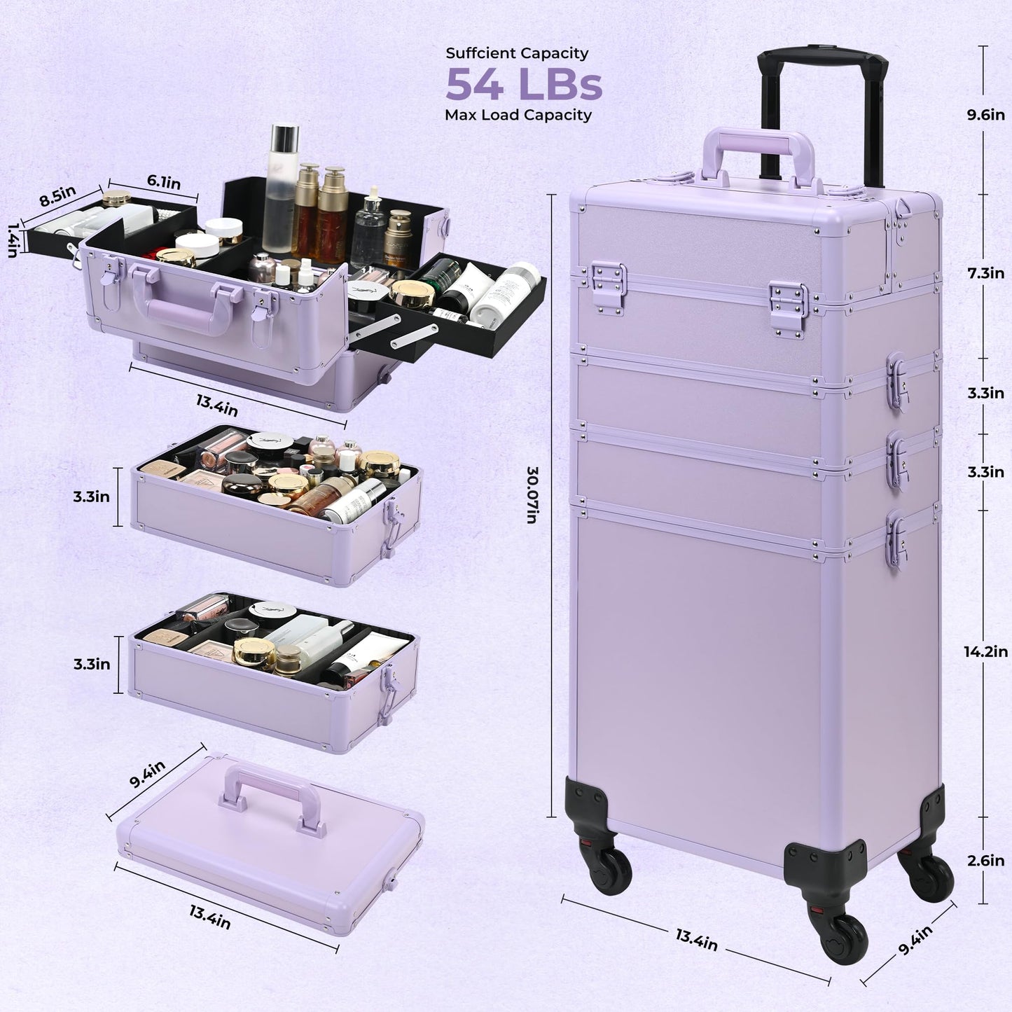 Somduy Rolling Makeup Case, Makeup Train Case with Lid, 5 in 1 Cosmetology Case on Wheels, Christmas Gift, Large Makeup Organizers, Profesional Cosmetic Case for Salon Barber, Purple