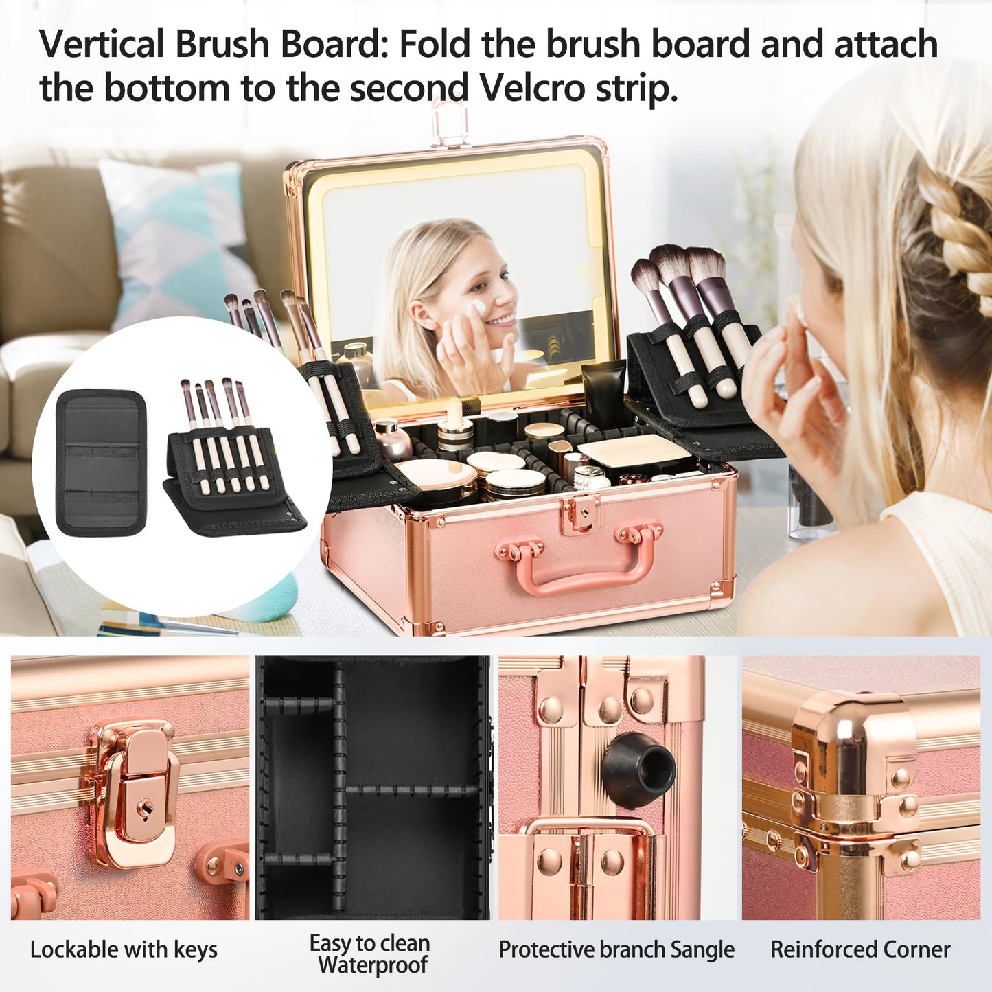 GALHUBIS Rose Gold Makeup Case with Lighted Mirror, Detachable LED Mirror, Travel Makeup Train Case, Waterproof Cosmetic Organizer, Standing Makeup Brush Holder, Gift