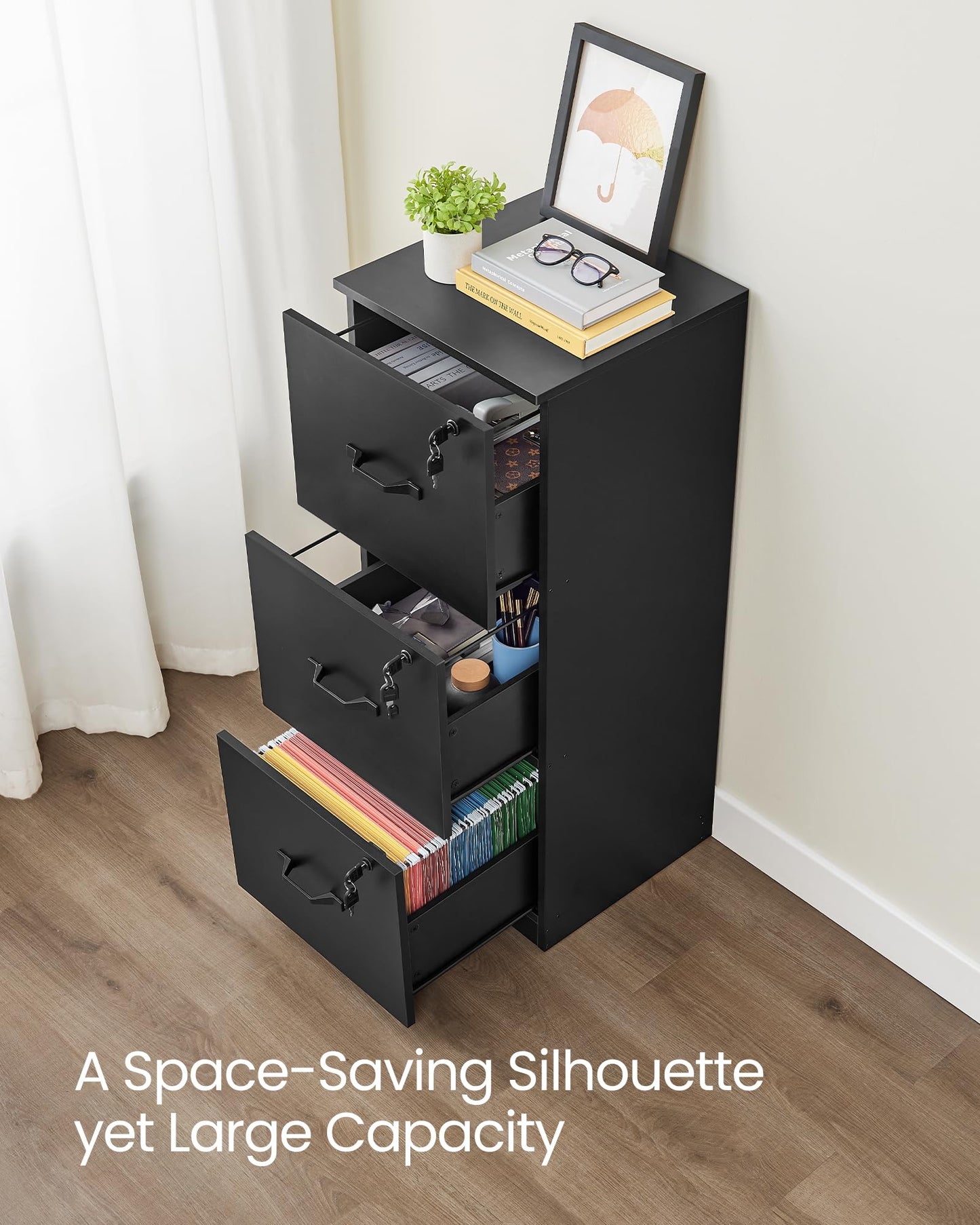 VASAGLE CUSTOS Collection - File Cabinet, 3 Drawer Filing Cabinet for Home Office, with Wheels, for A4, Letter Sized Documents, Hanging File Folders, Black UOFC055B16