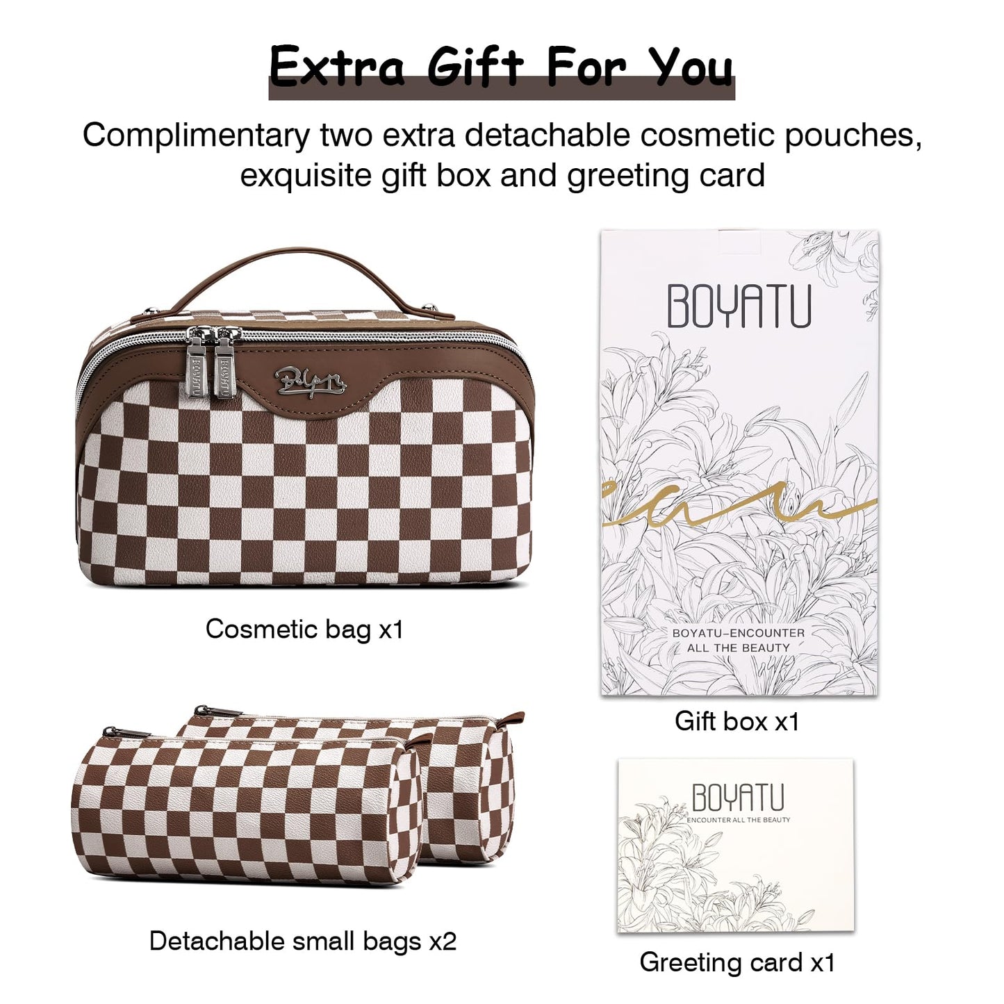BOYATU Travel Makeup Bag Organizer Cosmetic Bag: 3 Pcs Set Make up Bags for Women with Handle - Waterproof Vegan Leather Toiletry Bag (01-G-Coffee)